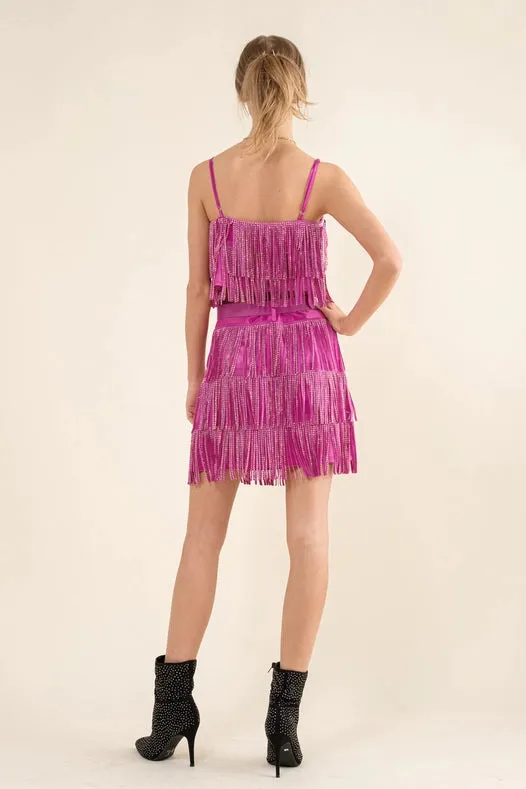 Satin Base Studded Tiered Fringe Cami Top Hot Pink