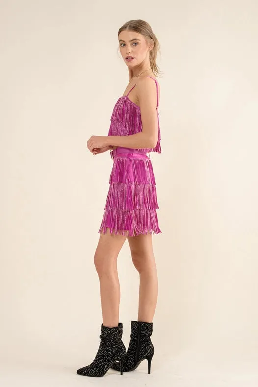 Satin Base Studded Tiered Fringe Cami Top Hot Pink