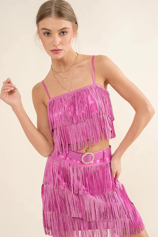 Satin Base Studded Tiered Fringe Cami Top Hot Pink