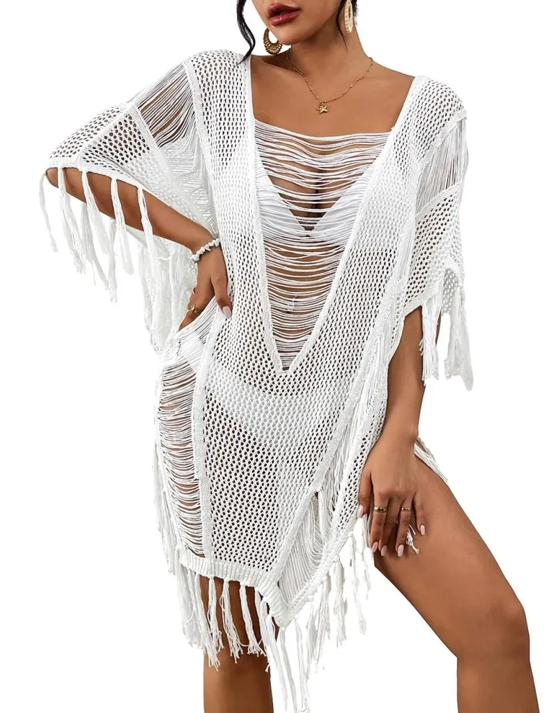 Sheer Bikini Tassel Swimsuit Cover Up Tops