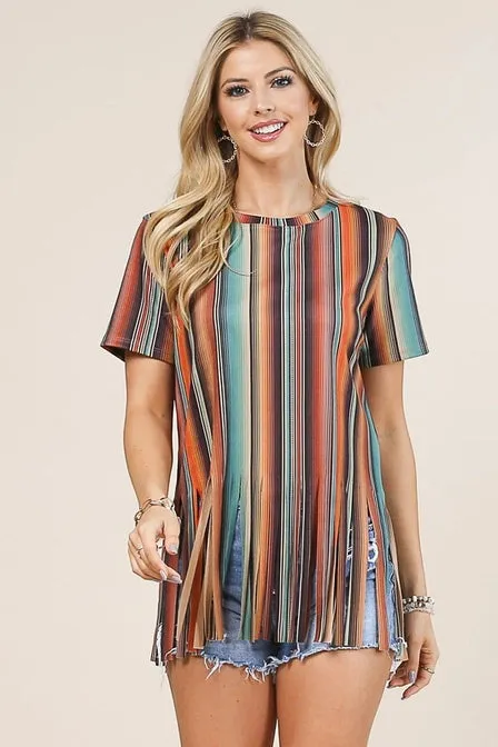 Striped Short Sleeve Fringe Top