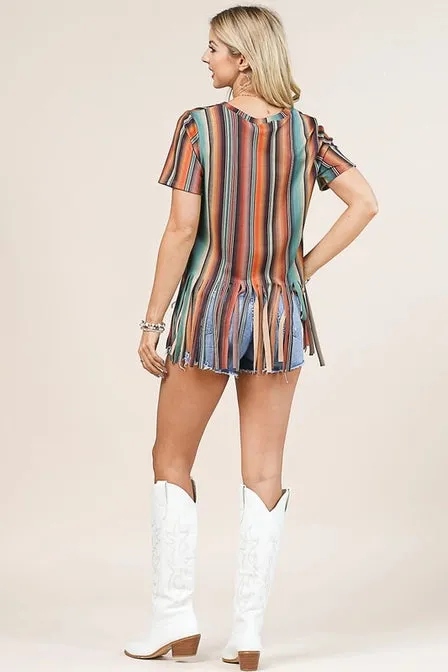 Striped Short Sleeve Fringe Top