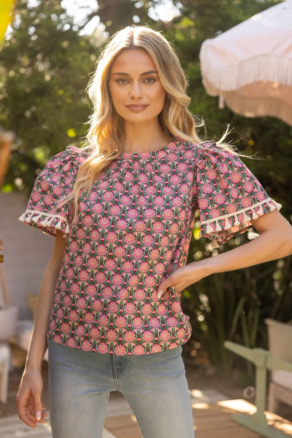 Torah Fringe Trim Short Sleeve Printed Top