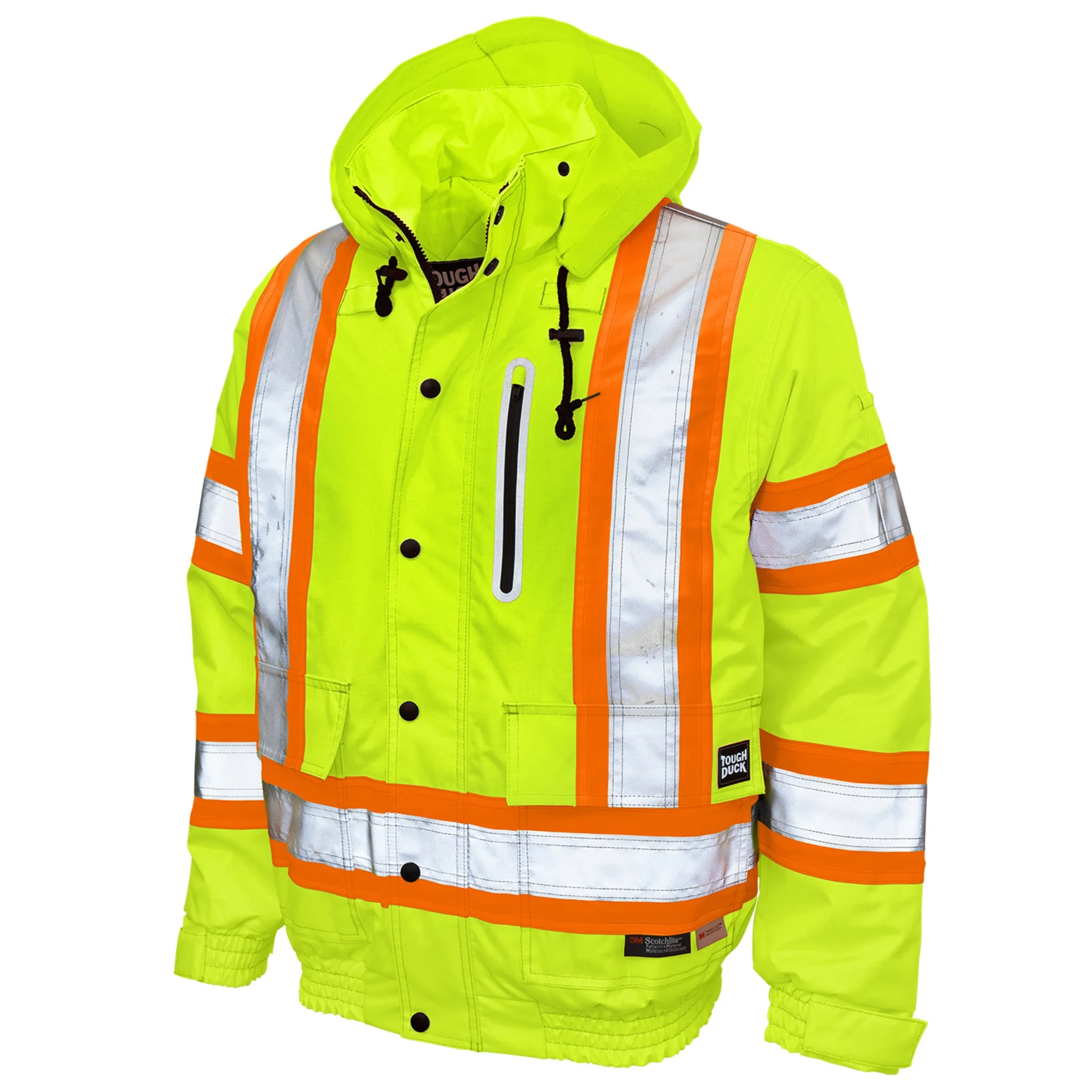 Tough Duck Men's Hi Vis Safety Bomber Jacket SJ20 - CSA Poly/PU, 300D Ripstop, Insulated, Waterproof, Breathable, Reflective, Adjustable, Durable Workwear | Sizes XS-5XL