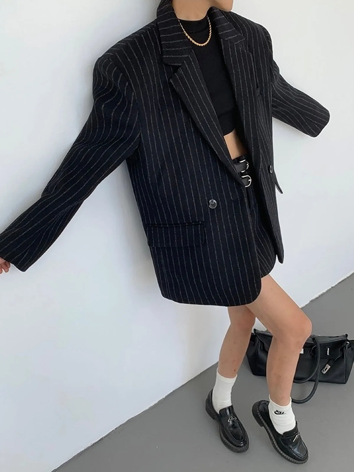 Tweed Pinstripe Graceful Oversized Blazer