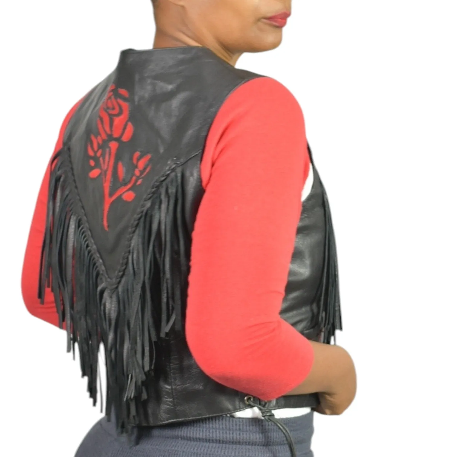 Vintage Hot Leathers Biker Rose Fringe Vest Black Leather Laced Retro Embroidery Moto Large