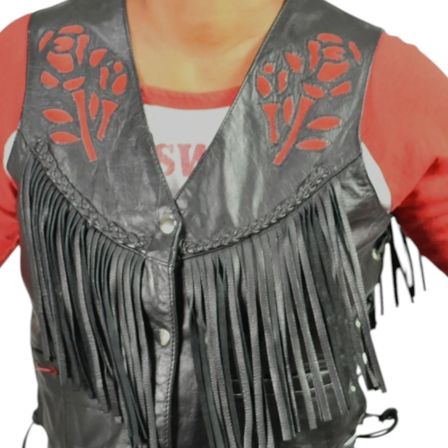 Vintage Hot Leathers Biker Rose Fringe Vest Black Leather Laced Retro Embroidery Moto Large