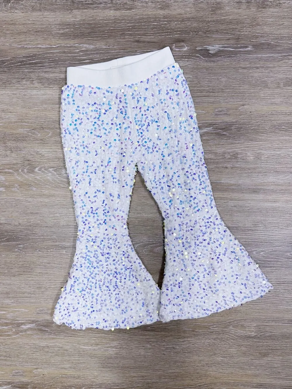 White Sequin Holiday Sparkle Girls Bell Bottom Pants