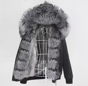 Women's Fox Fur Short Parka in Black