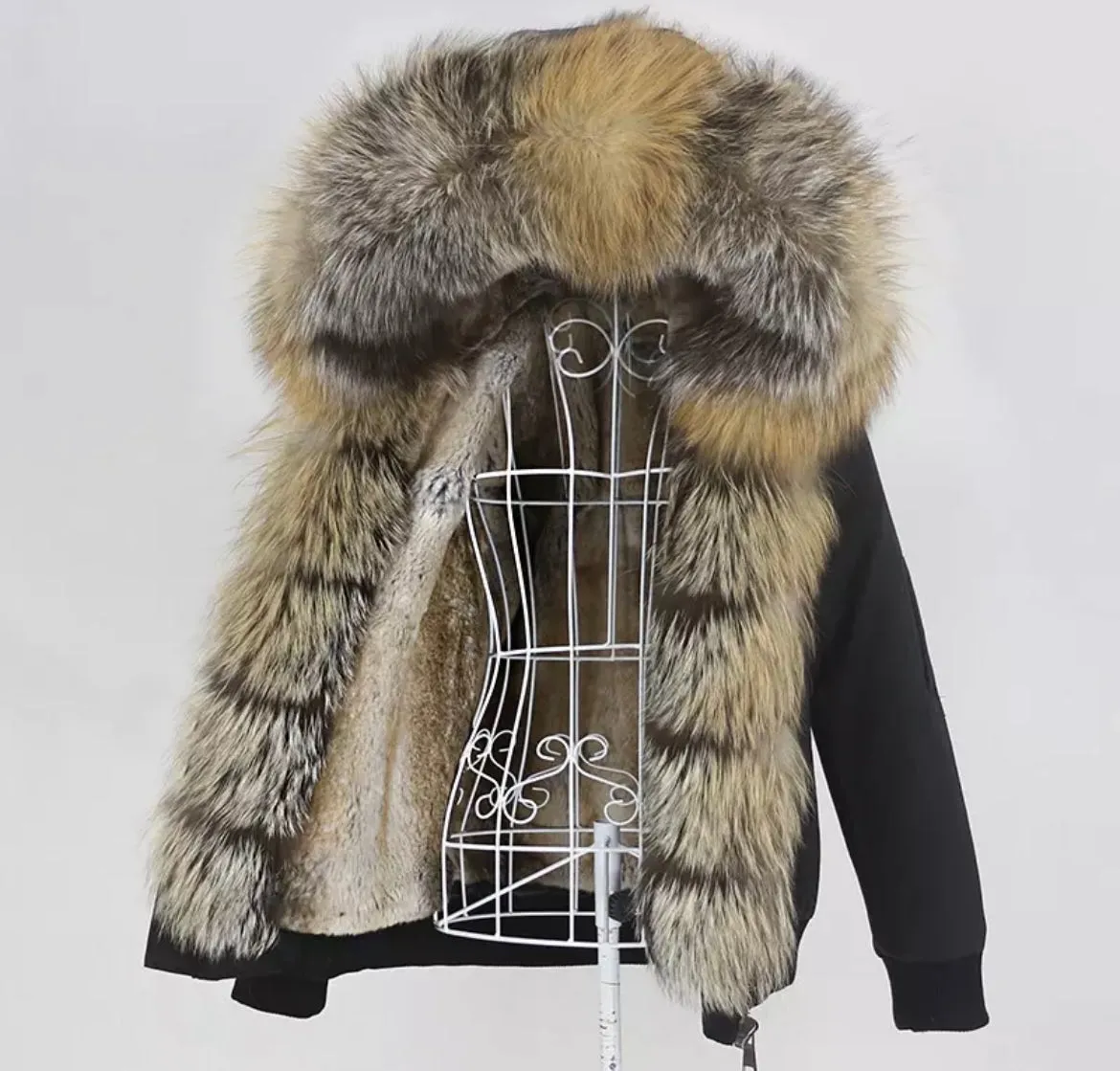 Women's Fox Fur Short Parka in Black